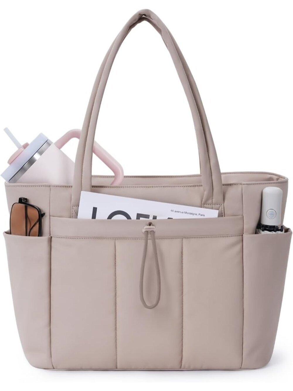Women 02-beige Tote Bag with Cup Holder Laptop Sleeve Travel Work Bag
